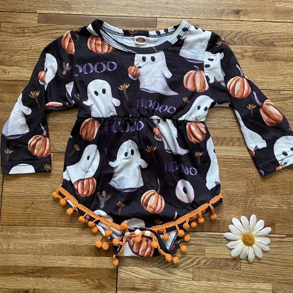 Halloween Ghost And Pumpkin‎ Romper With Pom Poms Size 90